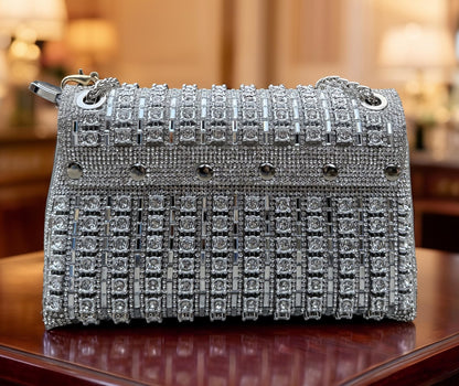 Slingss Luxury Range Exclusive Diamond Embroidered Partywear Handbag For Ladies With Long Chain