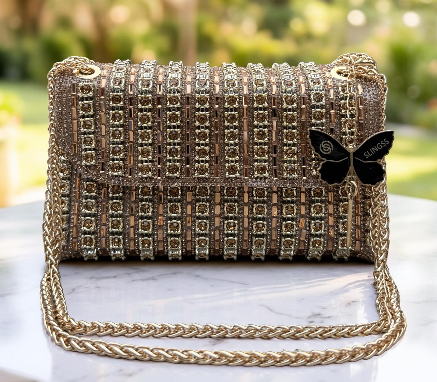 Slingss Luxury Range Exclusive Diamond Embroidered Partywear Handbag For Ladies With Long Chain
