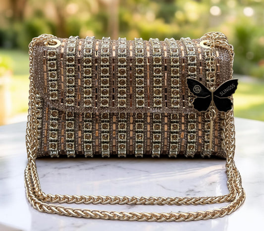 Slingss Luxury Range Exclusive Diamond Embroidered Partywear Handbag For Ladies With Long Chain