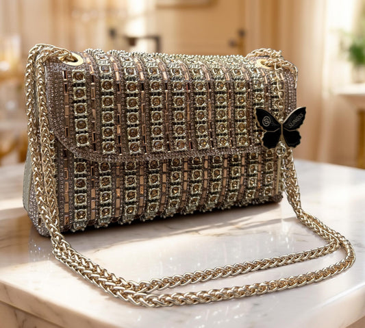 Slingss Luxury Range Exclusive Diamond Embroidered Partywear Handbag For Ladies With Long Chain