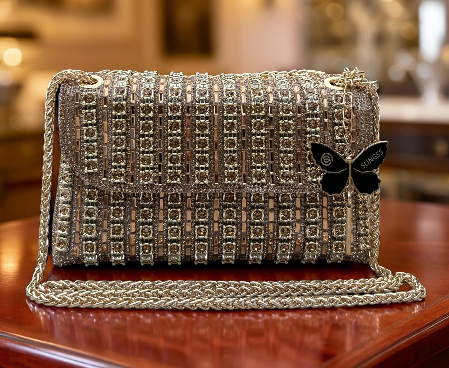 Slingss Luxury Range Exclusive Diamond Embroidered Partywear Handbag For Ladies With Long Chain