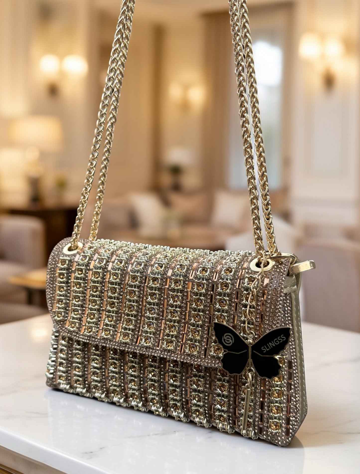 Slingss Luxury Range Exclusive Diamond Embroidered Partywear Handbag For Ladies With Long Chain