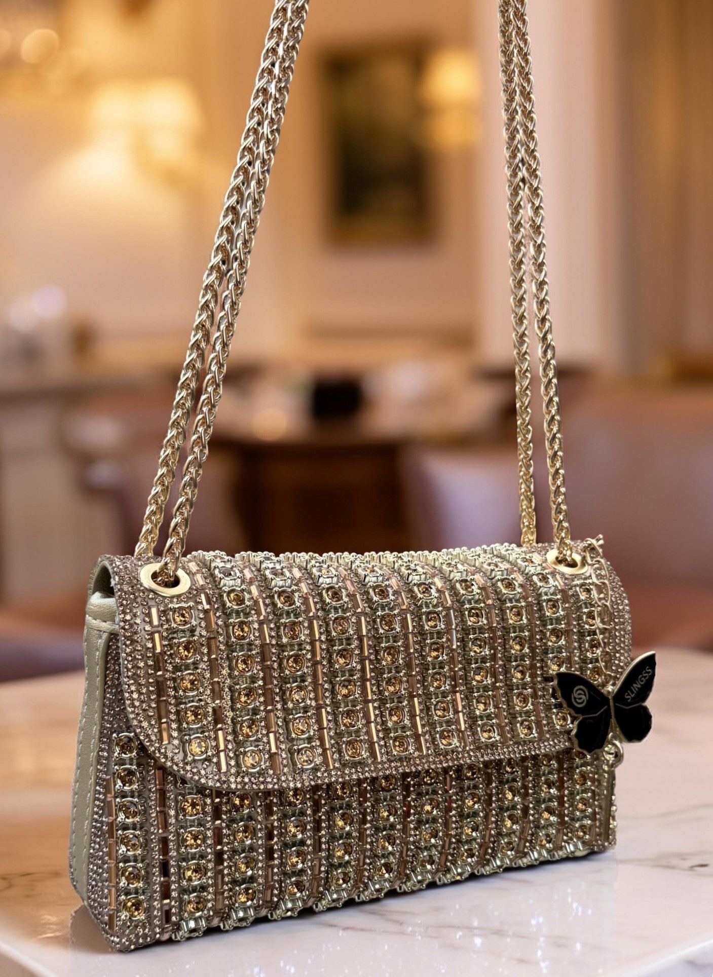 Slingss Luxury Range Exclusive Diamond Embroidered Partywear Handbag For Ladies With Long Chain