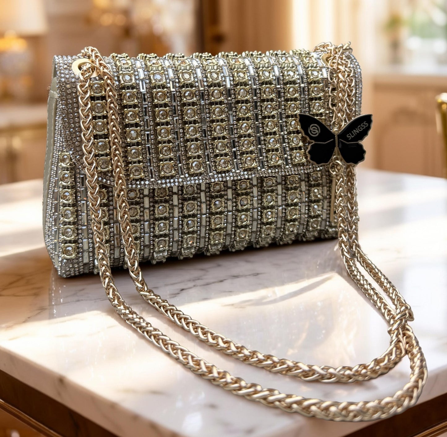 Slingss Luxury Range Exclusive Diamond Embroidered Partywear Handbag For Ladies With Long Chain