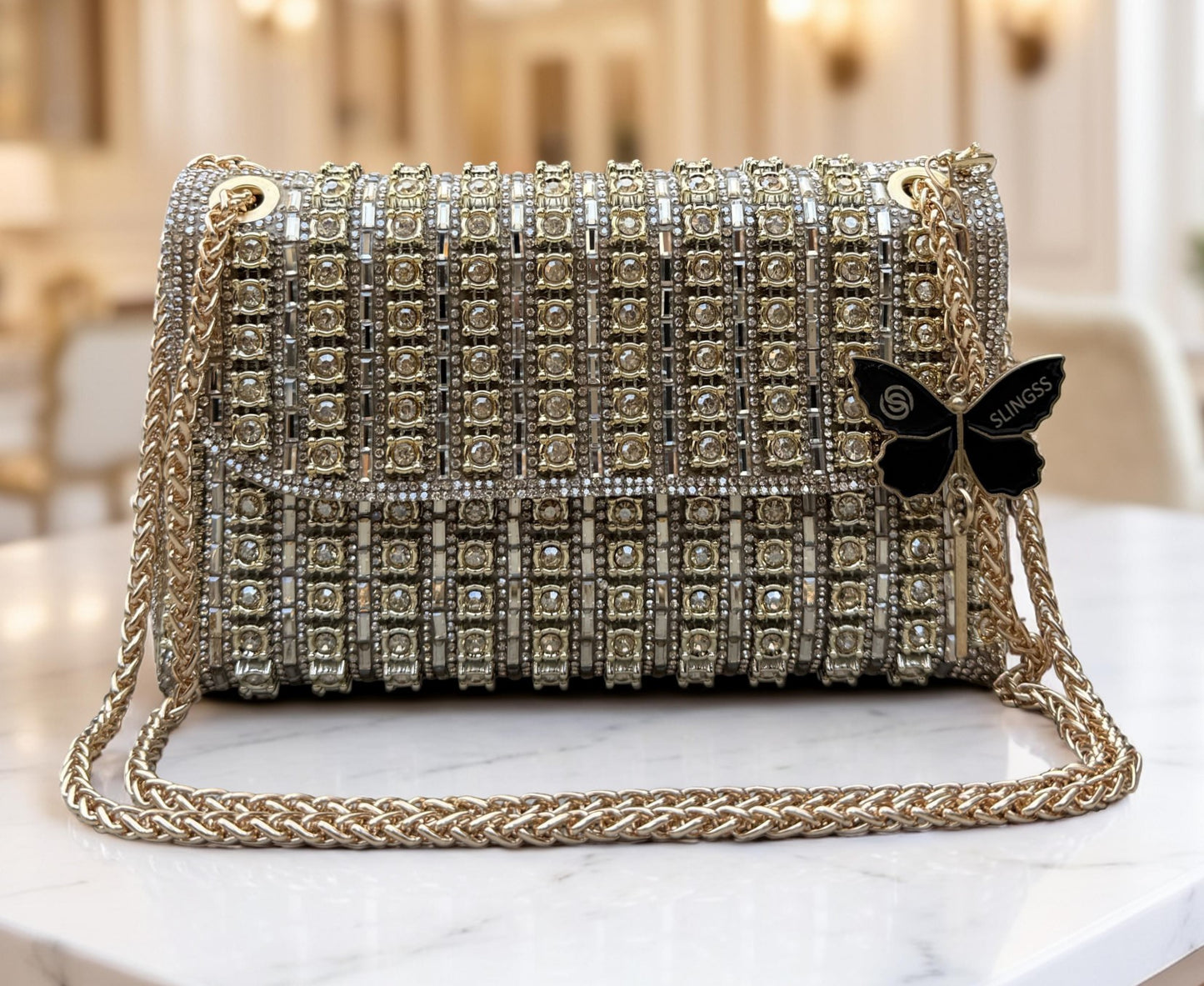 Slingss Luxury Range Exclusive Diamond Embroidered Partywear Handbag For Ladies With Long Chain