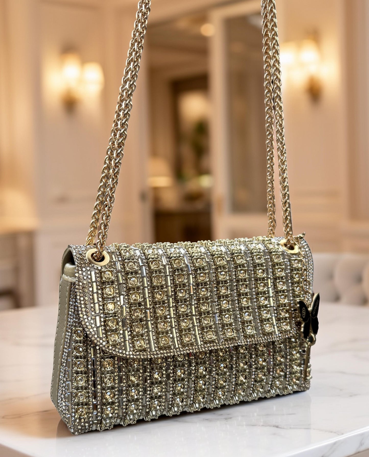 Slingss Luxury Range Exclusive Diamond Embroidered Partywear Handbag For Ladies With Long Chain