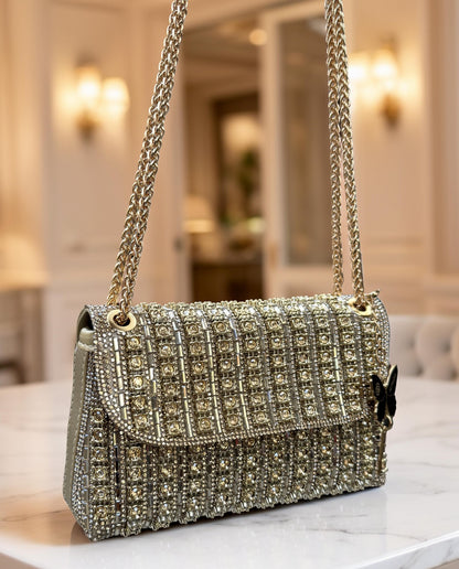 Slingss Luxury Range Exclusive Diamond Embroidered Partywear Handbag For Ladies With Long Chain