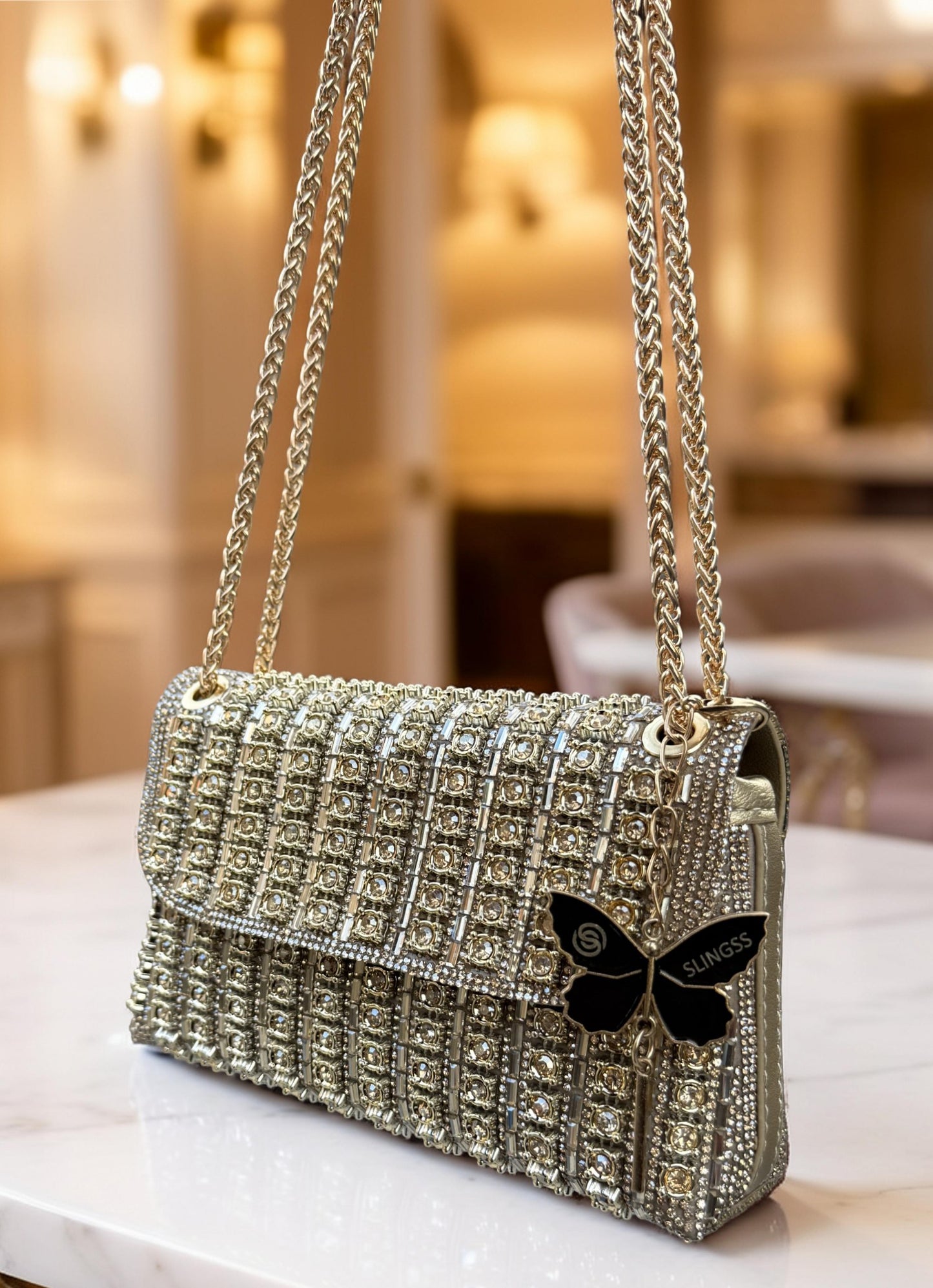 Slingss Luxury Range Exclusive Diamond Embroidered Partywear Handbag For Ladies With Long Chain