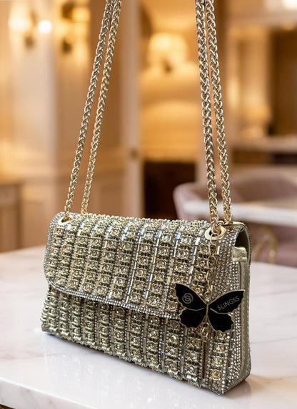 Slingss Luxury Range Exclusive Diamond Embroidered Partywear Handbag For Ladies With Long Chain