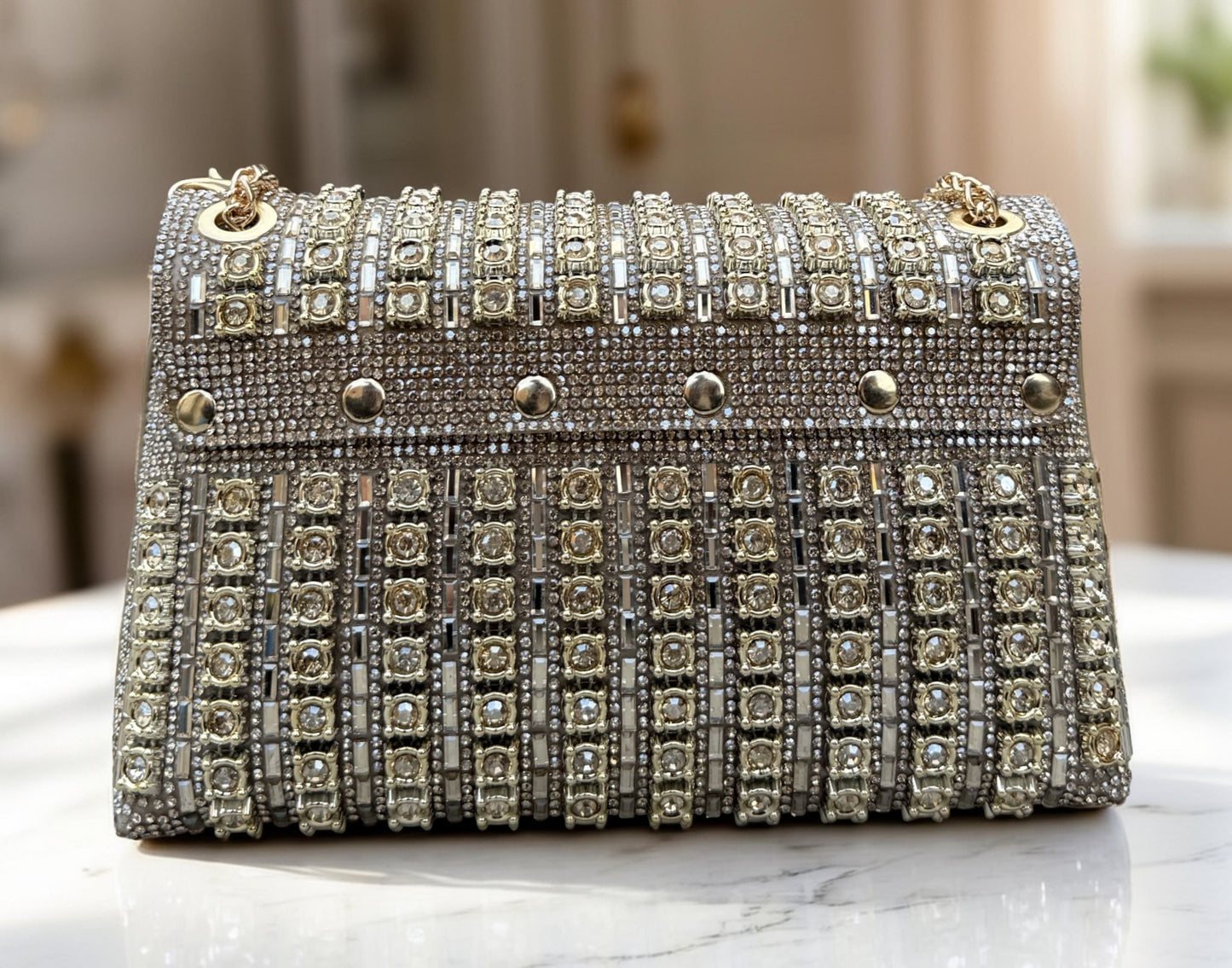 Slingss Luxury Range Exclusive Diamond Embroidered Partywear Handbag For Ladies With Long Chain