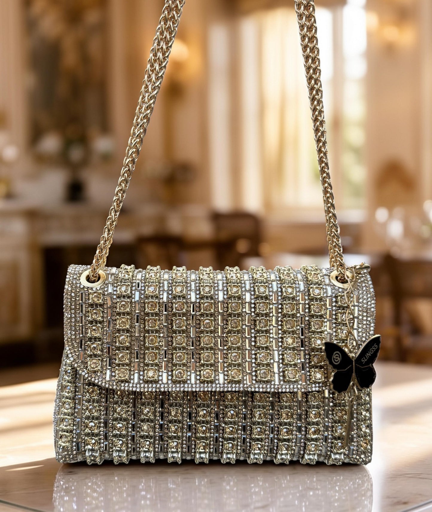 Slingss Luxury Range Exclusive Diamond Embroidered Partywear Handbag For Ladies With Long Chain