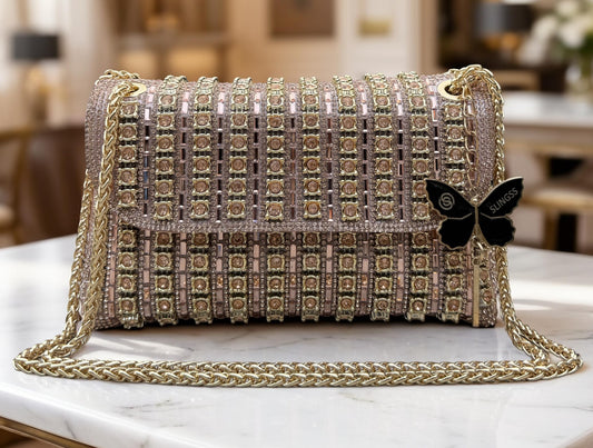 Slingss Luxury Range Exclusive Diamond Embroidered Partywear Handbag For Ladies With Long Chain