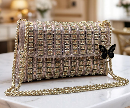 Slingss Luxury Range Exclusive Diamond Embroidered Partywear Handbag For Ladies With Long Chain