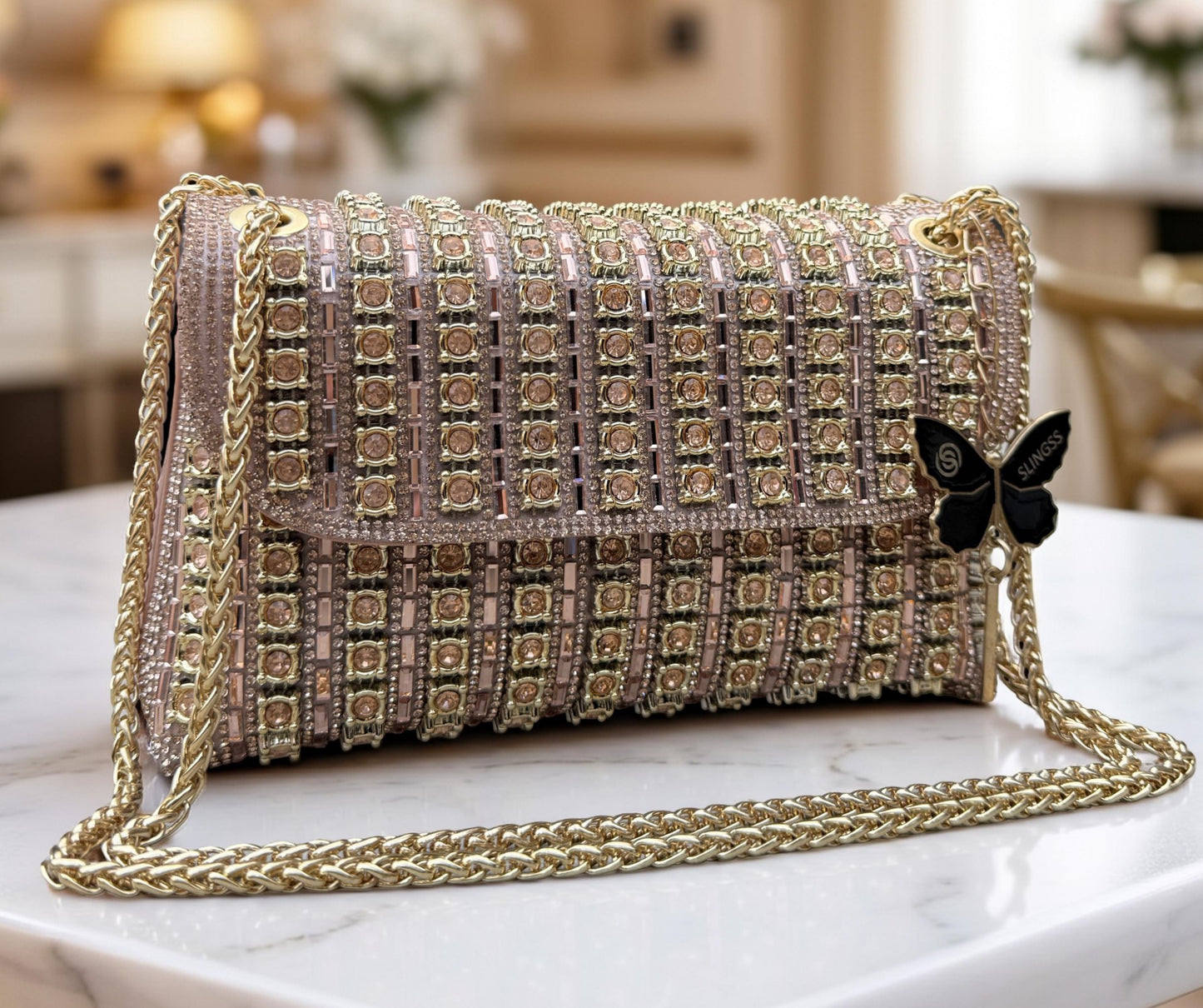 Slingss Luxury Range Exclusive Diamond Embroidered Partywear Handbag For Ladies With Long Chain