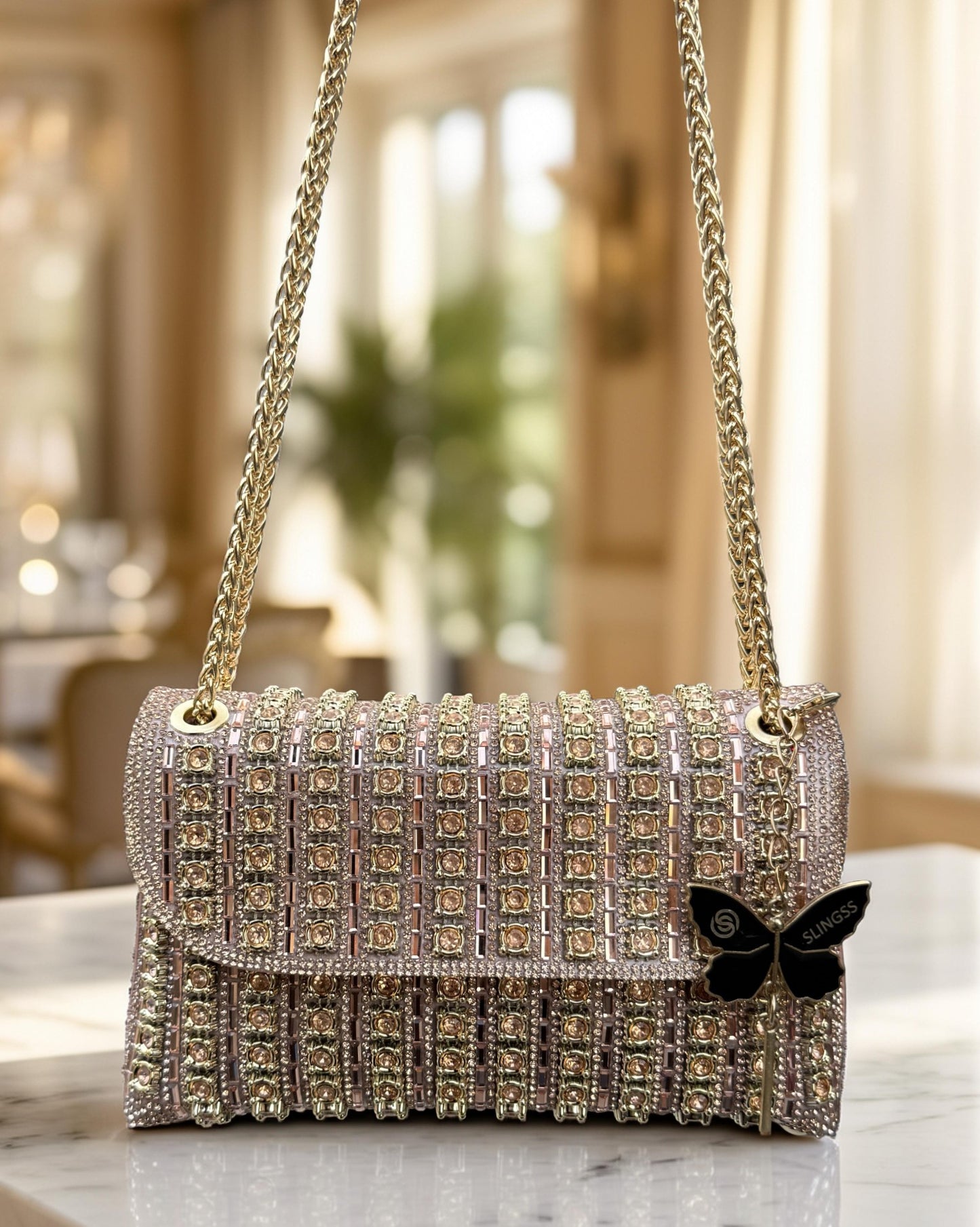 Slingss Luxury Range Exclusive Diamond Embroidered Partywear Handbag For Ladies With Long Chain