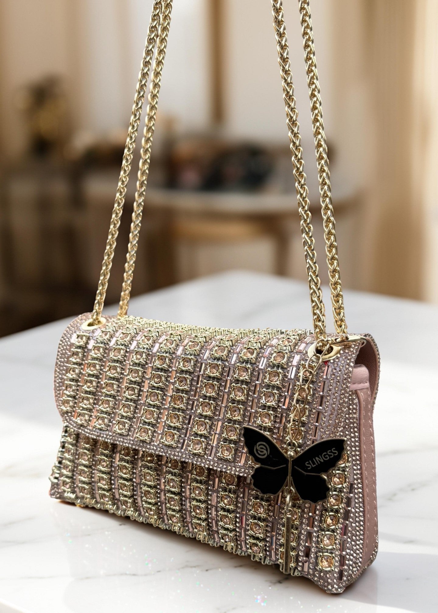 Slingss Luxury Range Exclusive Diamond Embroidered Partywear Handbag For Ladies With Long Chain