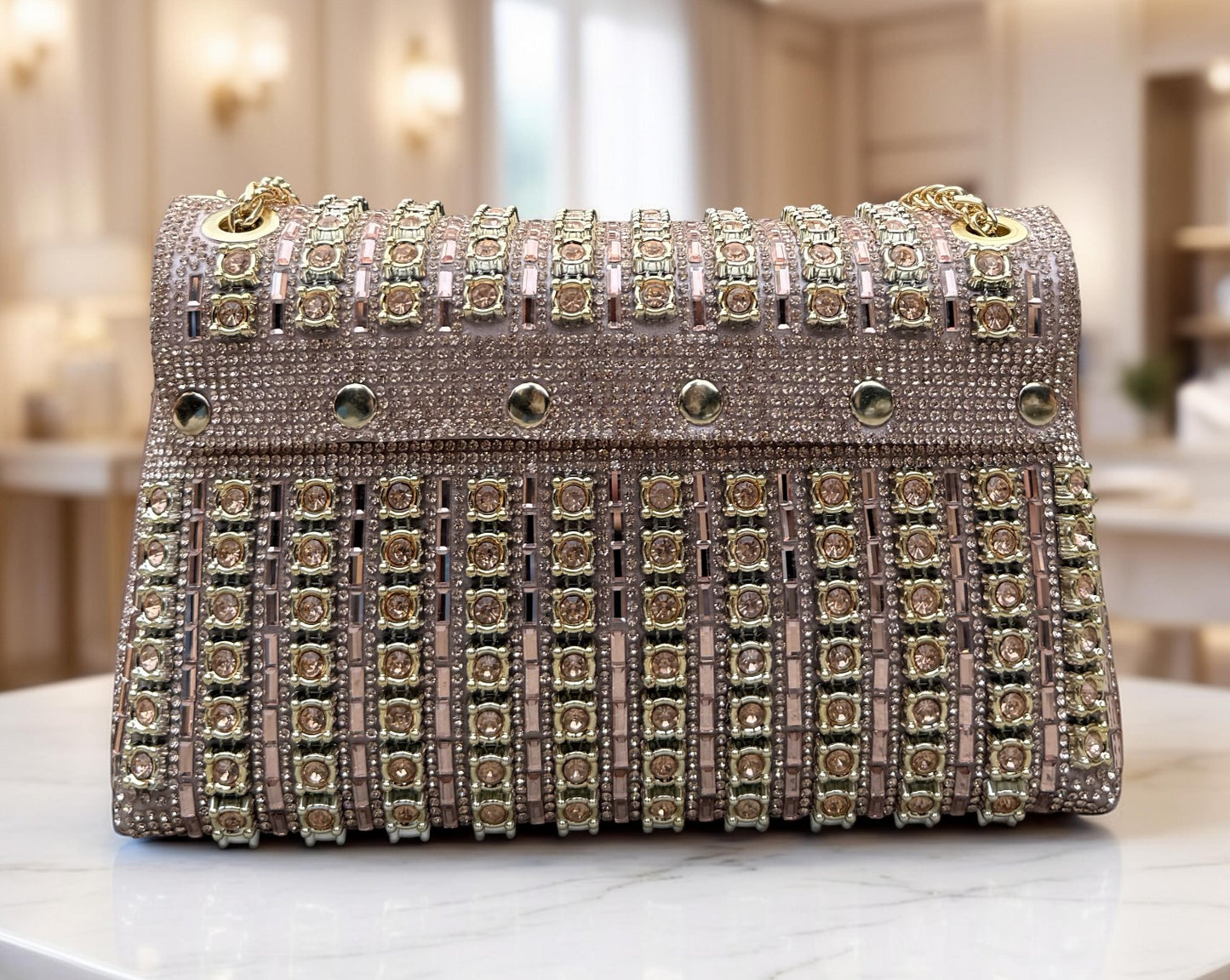 Slingss Luxury Range Exclusive Diamond Embroidered Partywear Handbag For Ladies With Long Chain