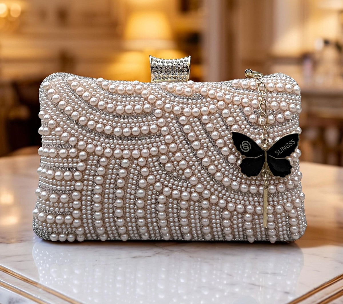 Slingss Exclusive Premium Partywear Pearl Embroidered Clutch For Ladies With Handle & Long Chain