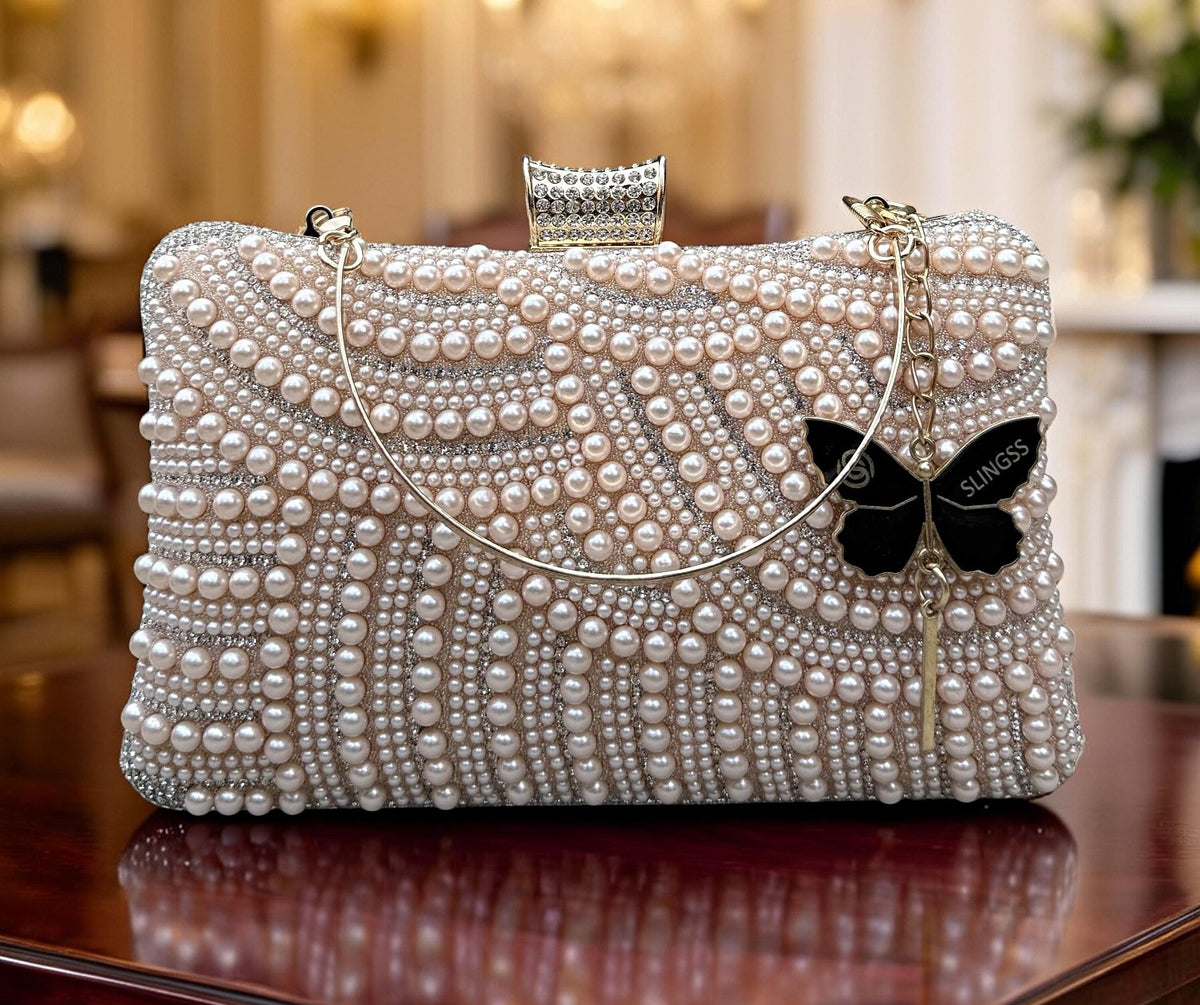 Slingss Exclusive Premium Partywear Pearl Embroidered Clutch For Ladies With Handle & Long Chain