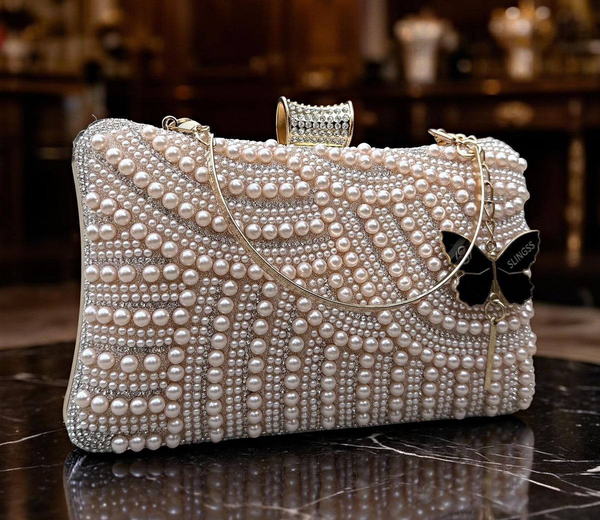 Slingss Exclusive Premium Partywear Pearl Embroidered Clutch For Ladies With Handle & Long Chain