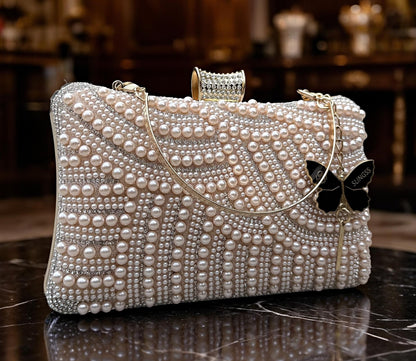 Slingss Exclusive Premium Partywear Pearl Embroidered Clutch For Ladies With Handle & Long Chain