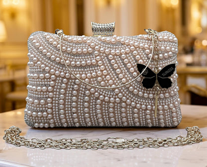 Slingss Exclusive Premium Partywear Pearl Embroidered Clutch For Ladies With Handle & Long Chain
