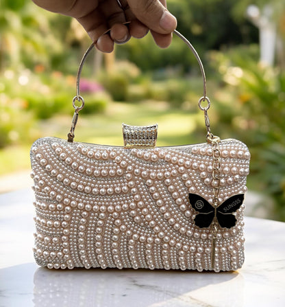 Slingss Exclusive Premium Partywear Pearl Embroidered Clutch For Ladies With Handle & Long Chain