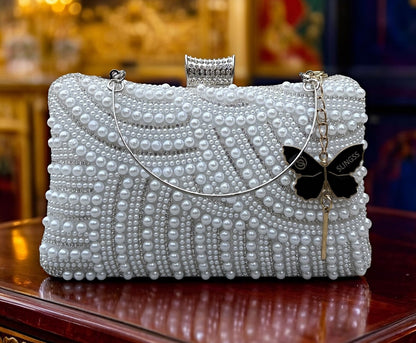Slingss Exclusive Premium Partywear Pearl Embroidered Clutch For Ladies With Handle & Long Chain