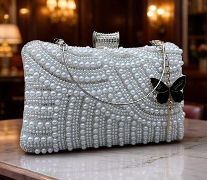 Slingss Exclusive Premium Partywear Pearl Embroidered Clutch For Ladies With Handle & Long Chain
