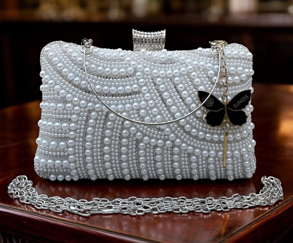 Slingss Exclusive Premium Partywear Pearl Embroidered Clutch For Ladies With Handle & Long Chain