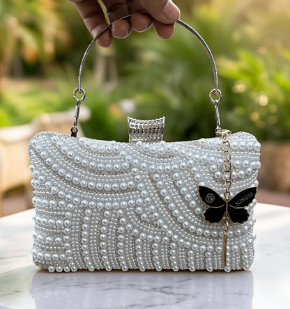 Slingss Exclusive Premium Partywear Pearl Embroidered Clutch For Ladies With Handle & Long Chain