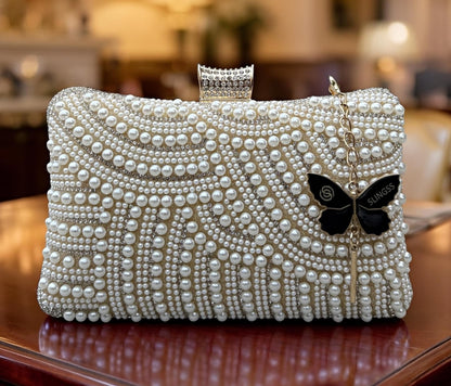 Slingss Exclusive Premium Partywear Pearl Embroidered Clutch For Ladies With Handle & Long Chain