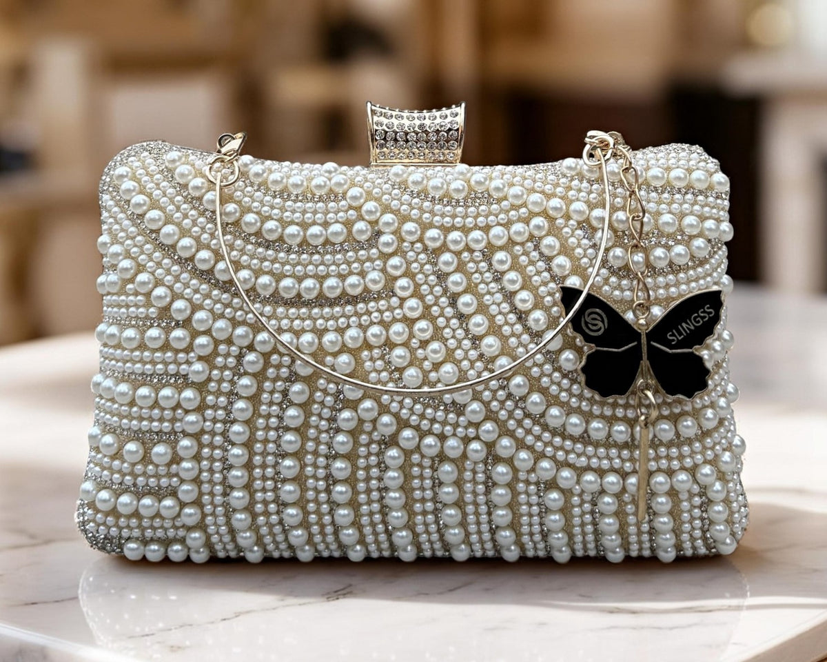 Slingss Exclusive Premium Partywear Pearl Embroidered Clutch For Ladies With Handle & Long Chain