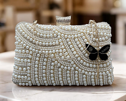 Slingss Exclusive Premium Partywear Pearl Embroidered Clutch For Ladies With Handle & Long Chain