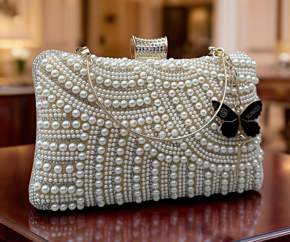 Slingss Exclusive Premium Partywear Pearl Embroidered Clutch For Ladies With Handle & Long Chain