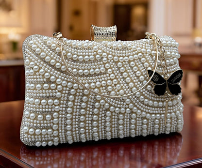 Slingss Exclusive Premium Partywear Pearl Embroidered Clutch For Ladies With Handle & Long Chain