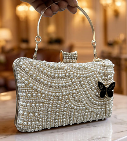 Slingss Exclusive Premium Partywear Pearl Embroidered Clutch For Ladies With Handle & Long Chain