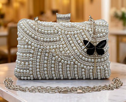 Slingss Exclusive Premium Partywear Pearl Embroidered Clutch For Ladies With Handle & Long Chain