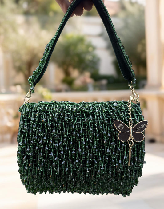 Slingss Luxury Range Crystal Full Jhallar Embroidered Partywear Purse For Ladies With Handle