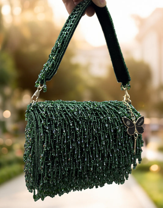 Slingss Luxury Range Crystal Full Jhallar Embroidered Partywear Purse For Ladies With Handle