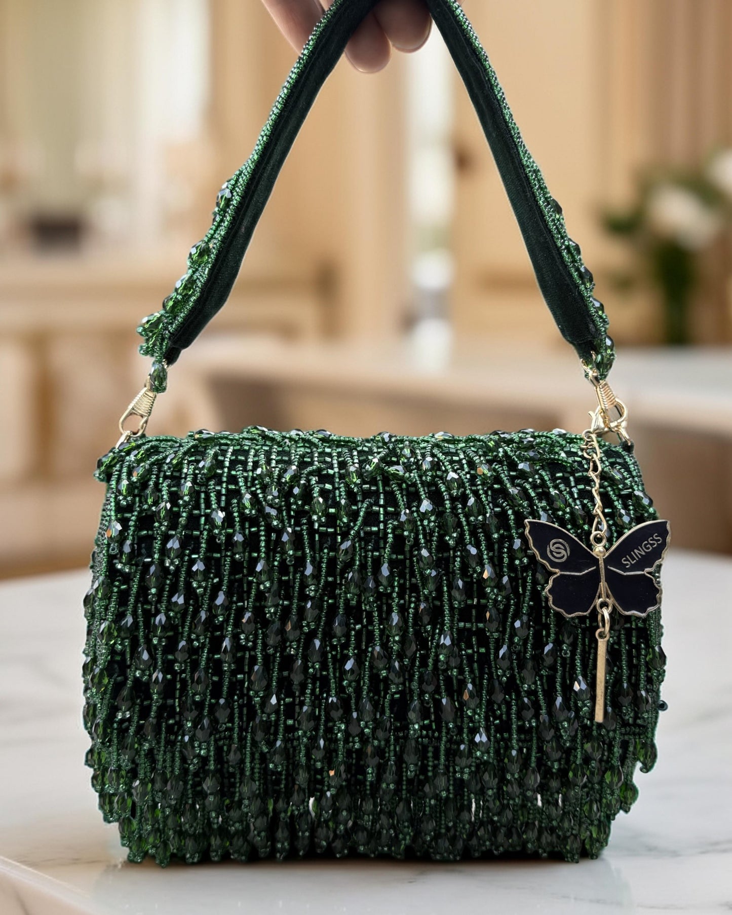 Slingss Luxury Range Crystal Full Jhallar Embroidered Partywear Purse For Ladies With Handle