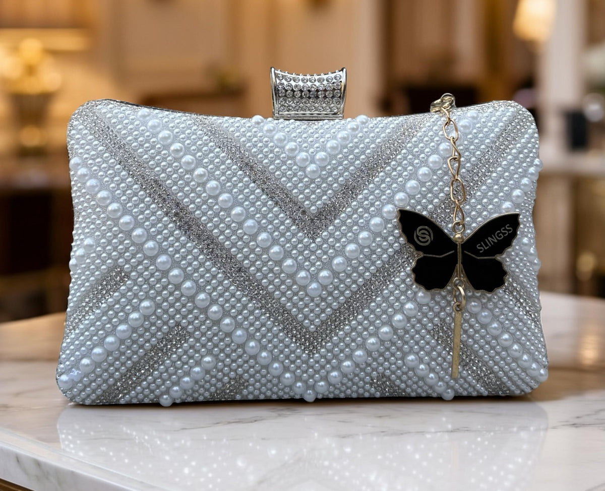 Slingss Exclusive Premium Partywear Pearl Embroidered Clutch For Ladies With Handle & Long Chain