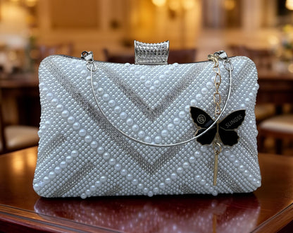 Slingss Exclusive Premium Partywear Pearl Embroidered Clutch For Ladies With Handle & Long Chain