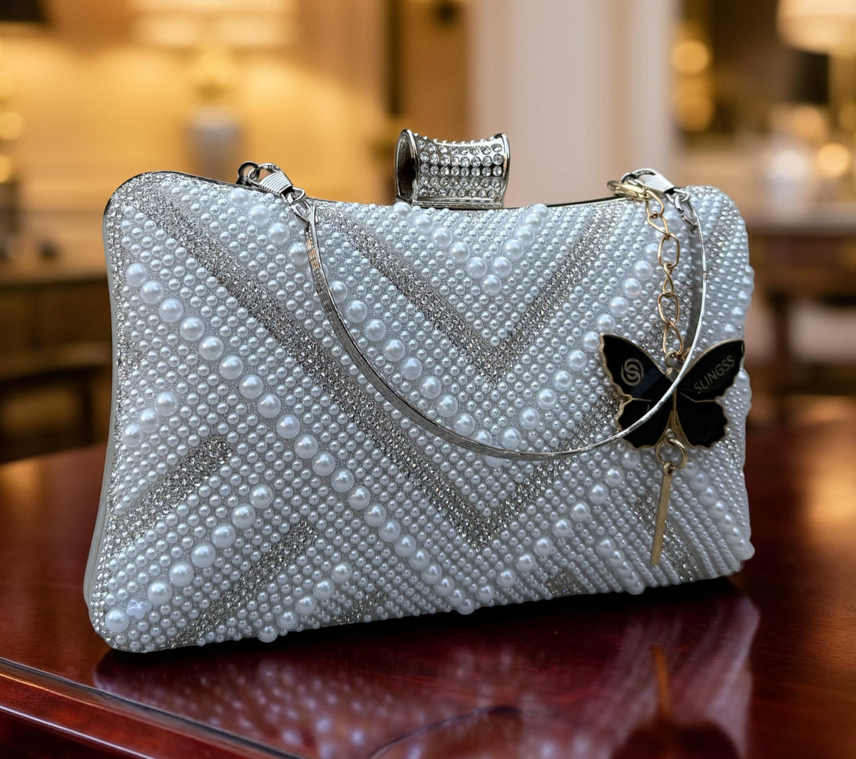 Slingss Exclusive Premium Partywear Pearl Embroidered Clutch For Ladies With Handle & Long Chain