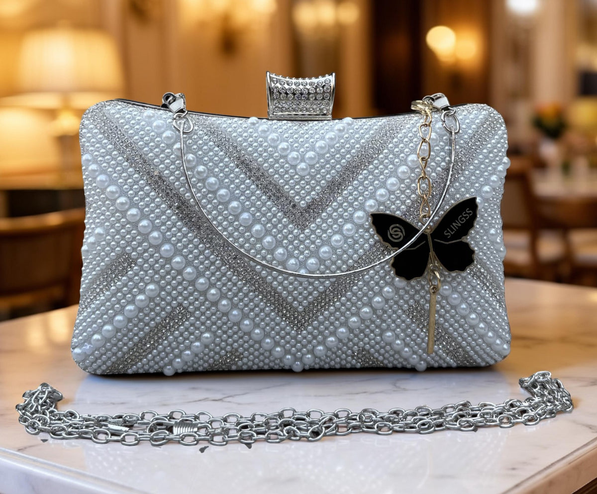 Slingss Exclusive Premium Partywear Pearl Embroidered Clutch For Ladies With Handle & Long Chain