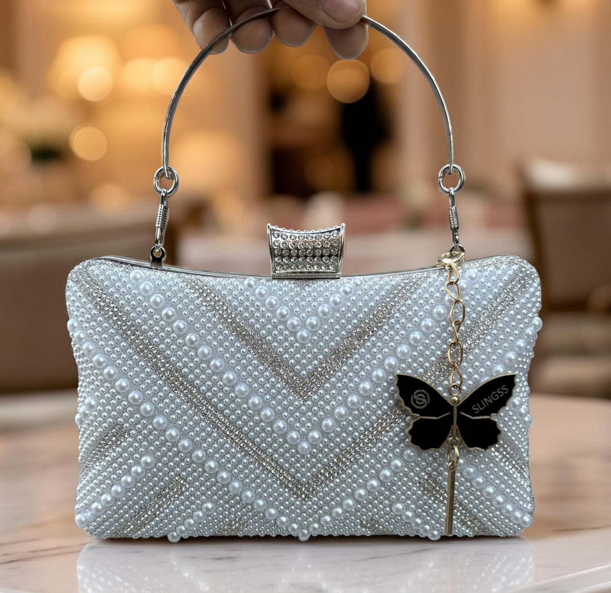 Slingss Exclusive Premium Partywear Pearl Embroidered Clutch For Ladies With Handle & Long Chain