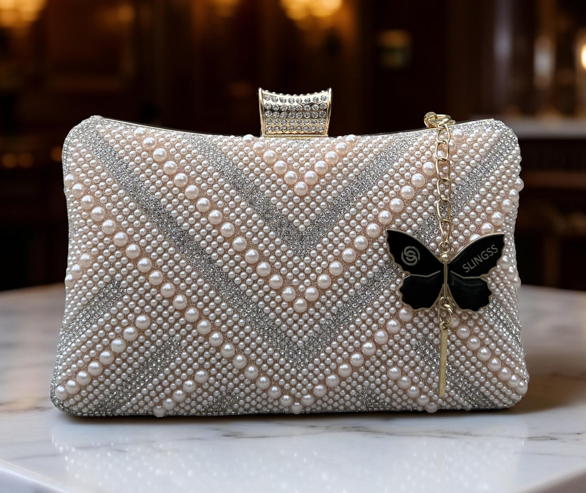 Slingss Exclusive Premium Partywear Pearl Embroidered Clutch For Ladies With Handle & Long Chain
