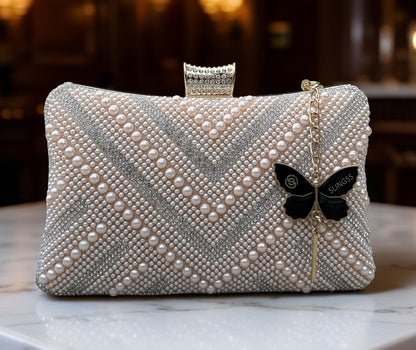 Slingss Exclusive Premium Partywear Pearl Embroidered Clutch For Ladies With Handle & Long Chain