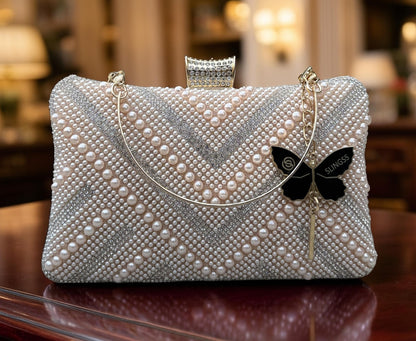 Slingss Exclusive Premium Partywear Pearl Embroidered Clutch For Ladies With Handle & Long Chain