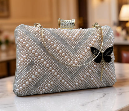 Slingss Exclusive Premium Partywear Pearl Embroidered Clutch For Ladies With Handle & Long Chain